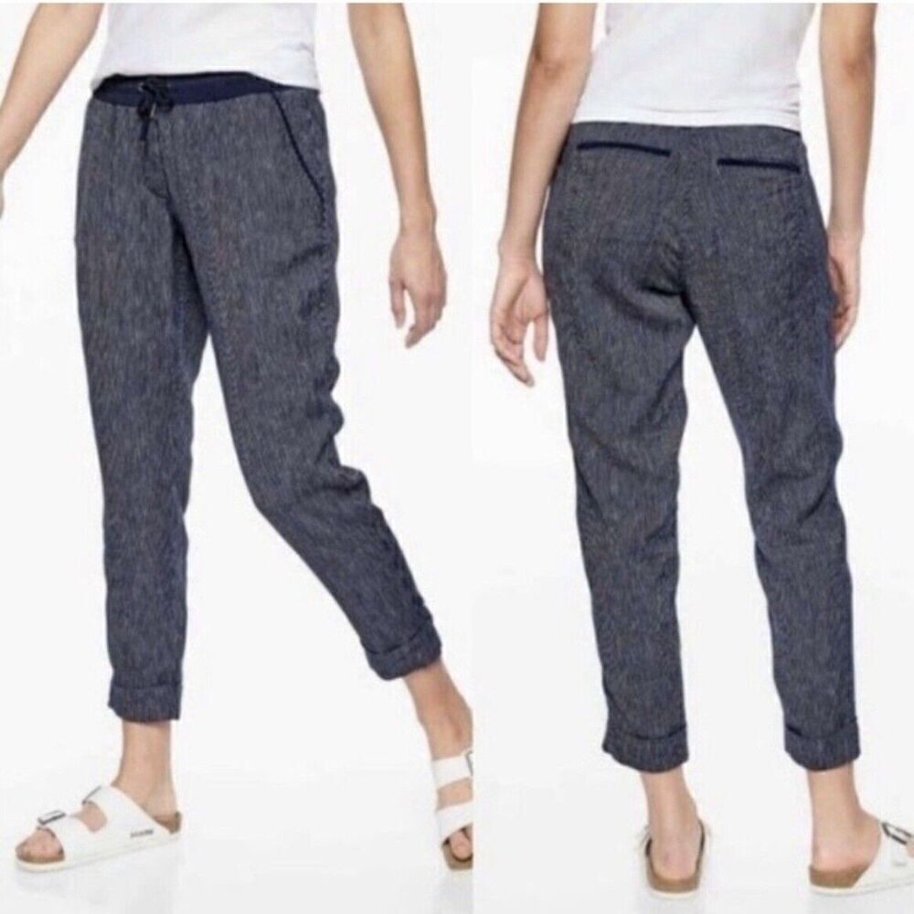 Athleta Striped Navy Blue Bali Linen Cropped Ankle Pants Size 4